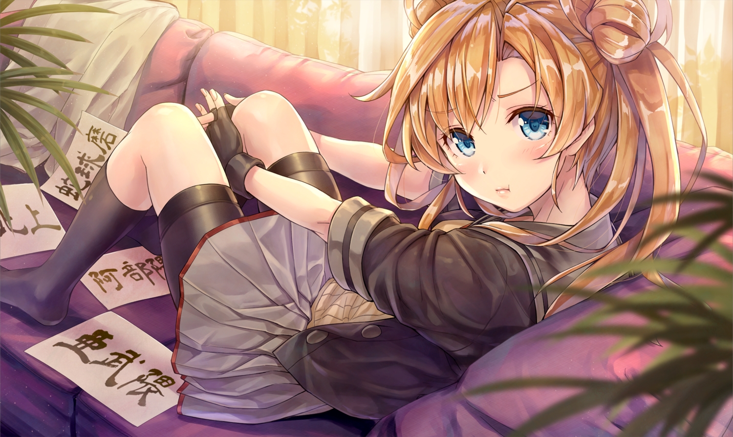 abukuma_(kancolle), anthropomorphism, aqua_eyes, bike_shorts, blush, couch, gloves, kantai_collection, kneehighs, kotatsu_(kotatsu358), long_hair, orange_hair, paper, school_uniform, shorts, skirt, translation_request