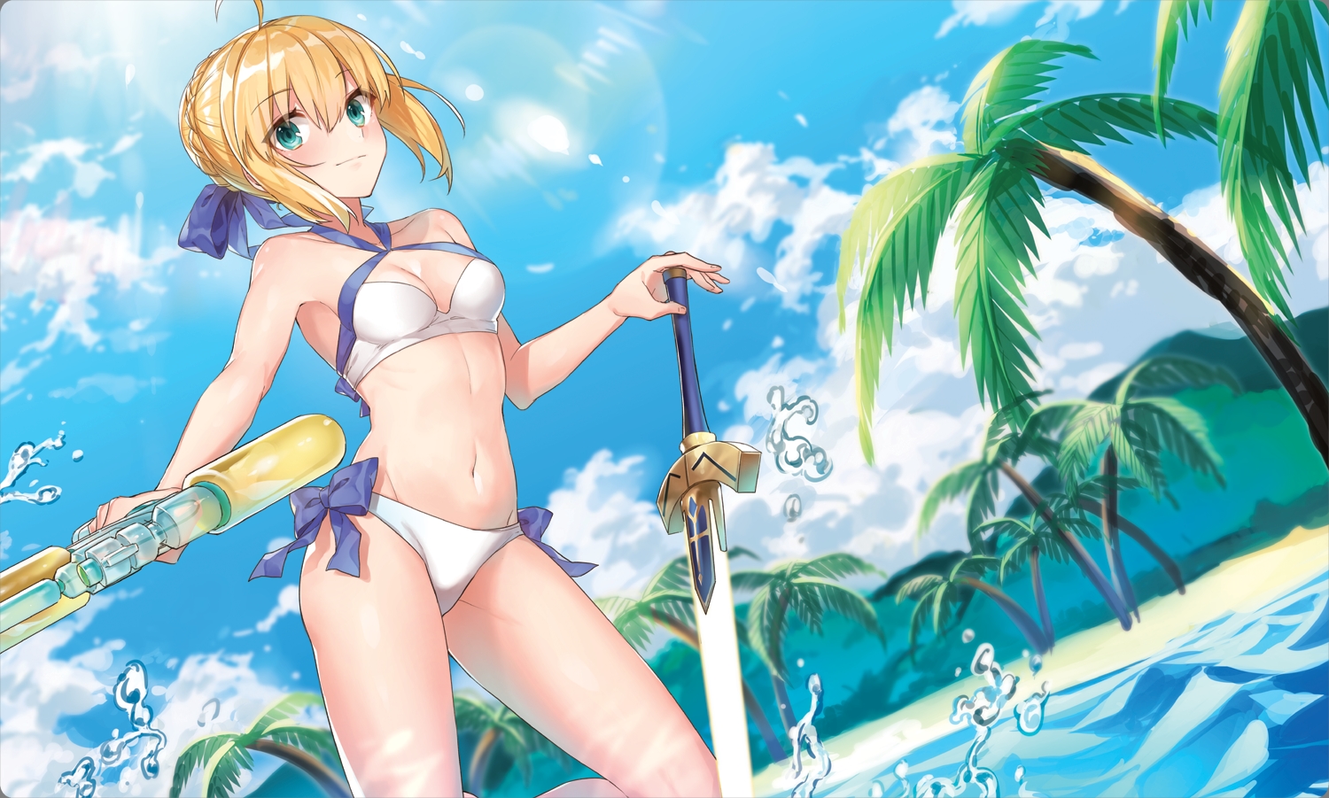 aqua_eyes, artoria_pendragon_(all), beach, bikini, blonde_hair, clouds, fate_(series), fate/stay_night