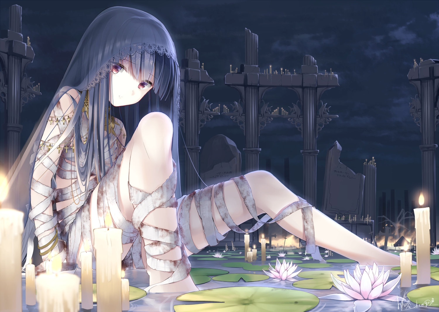 aliasing, bandage, black_hair, brown_eyes, clouds, cross, fire, flowers, headdress, leaves, long_hair, makadamixa, necklace, night, original, signed, sky, water