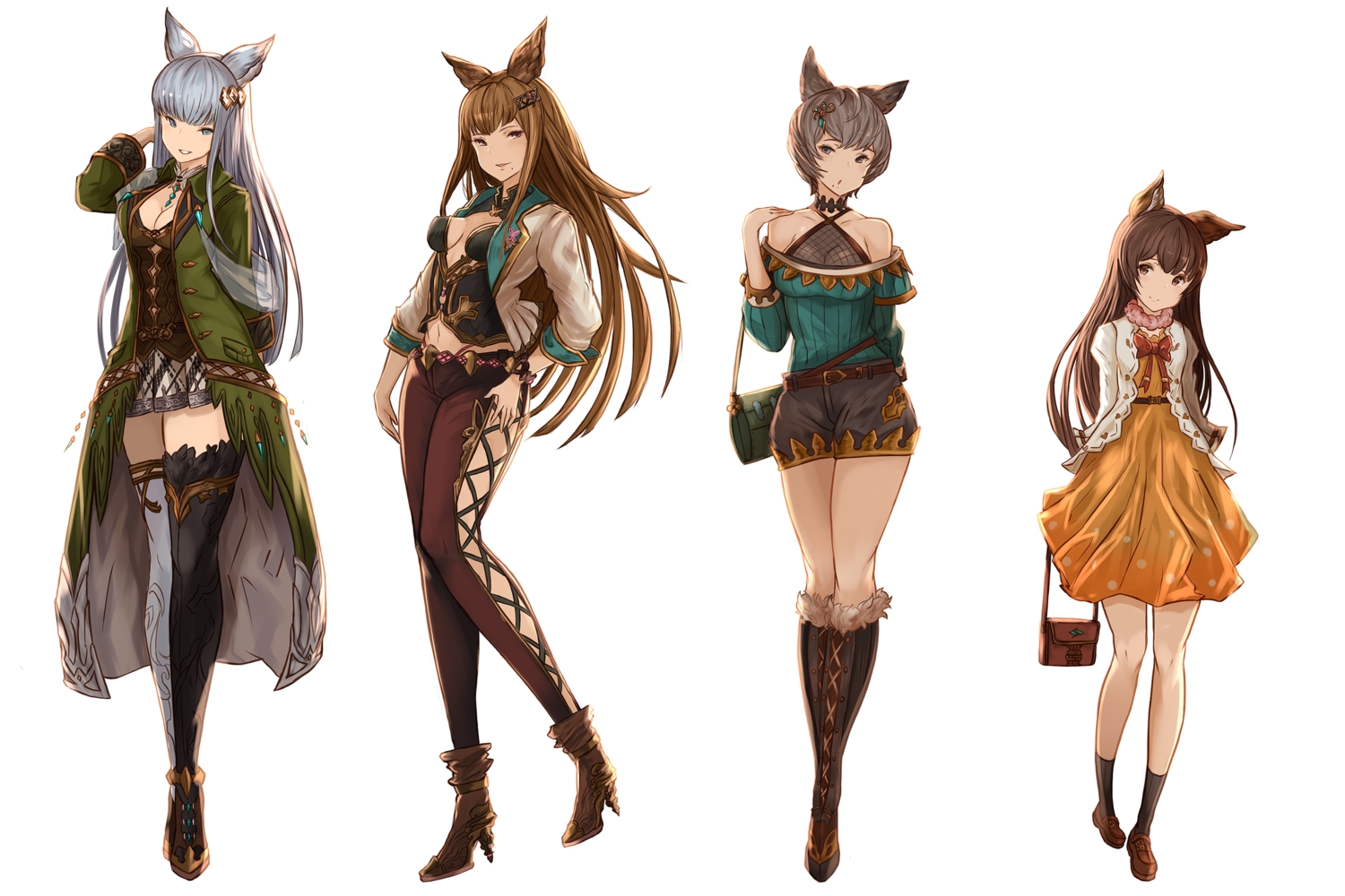 animal_ears, aster_(granblue_fantasy), boots, breasts, brown_eyes, brown_hair, choker, cleavage, dress, erect_nipples, granblue_fantasy, gray_eyes, gray_hair, group, kneehighs, korwa, loli, long_hair, metera_(granblue_fantasy), navel, short_hair, shorts, skirt, stella_(granblue_fantasy), thighhighs, white, wristwear, yatsuka_(846), zettai_ryouiki