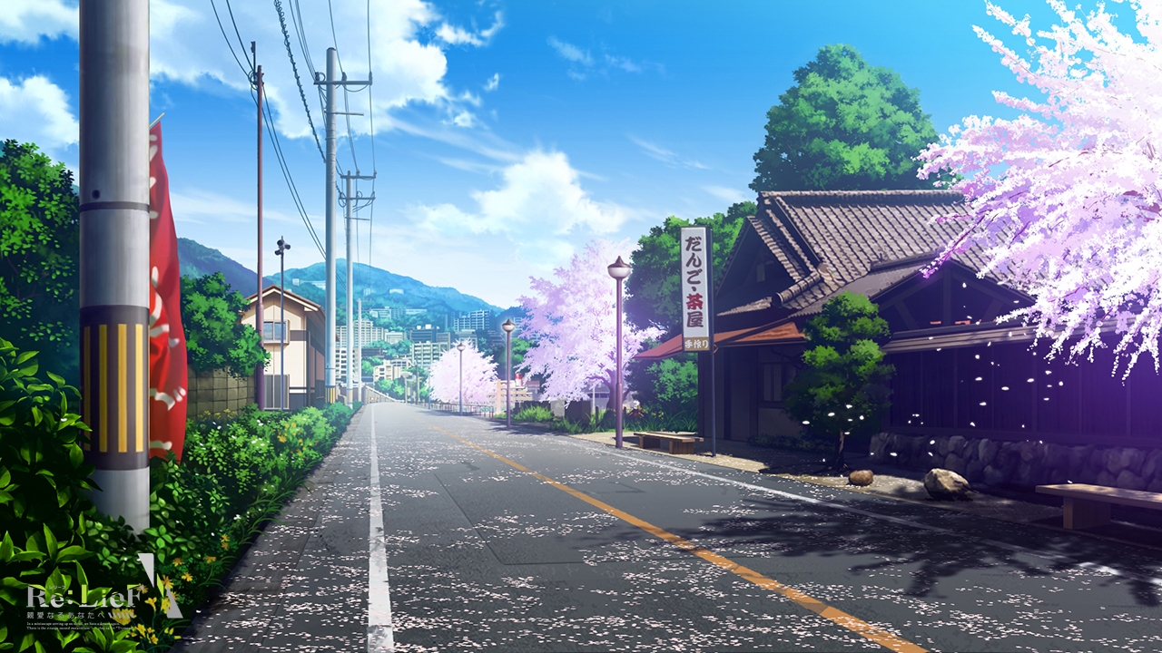building, cherry_blossoms, city, clouds, flowers, logo, mikago_kotaro, no_humans