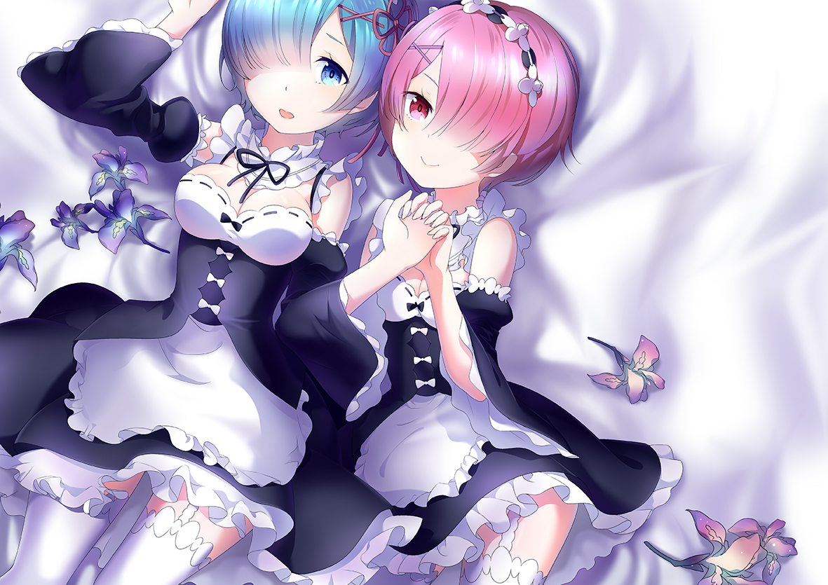 2girls, aqua_eyes, aqua_hair, breasts, canegouzi, headdress, maid, pink_eyes, pink_hair, ram_(re:zero), rem_(re:zero), re:zero_kara_hajimeru_isekai_seikatsu, ribbons, twins