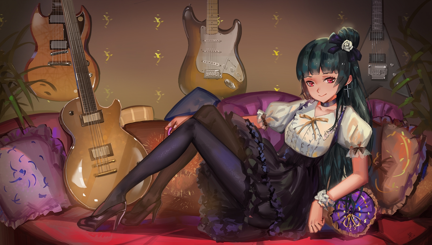 black_hair, bow, choker, couch, dress, guitar, instrument, lolita_fashion, long_hair, love_live!_school_idol_project, love_live!_sunshine!!, pantyhose, red_eyes, ribbons, sk_tori, tsushima_yoshiko, wristwear