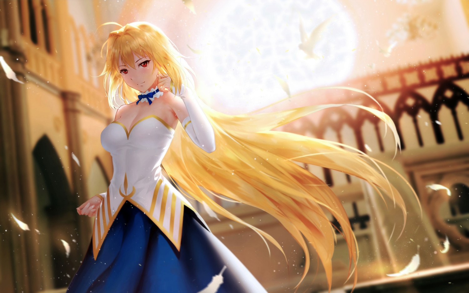 animal, archetype_earth, arcueid_brunestud, bird, blonde_hair, bow, breasts, cangkong