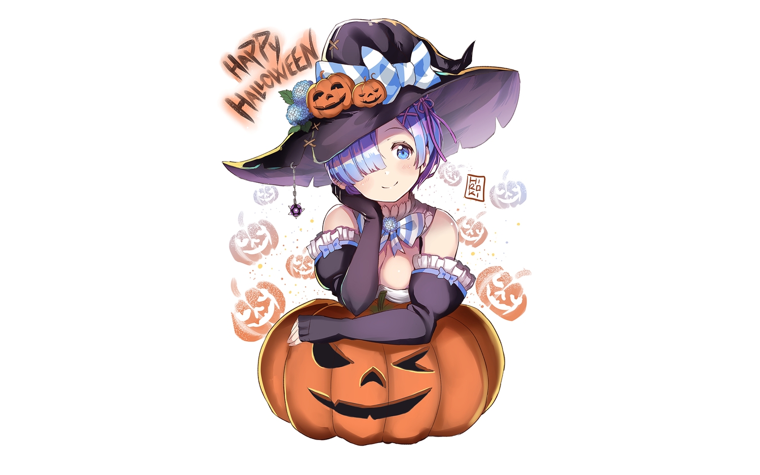 aqua_eyes, aqua_hair, bow, breasts, cleavage, collar, elbow_gloves, gloves, halloween, hat, hiroki_(hirokiart), pumpkin, rem_(re:zero), re:zero_kara_hajimeru_isekai_seikatsu, ribbons, short_hair, white, witch_hat