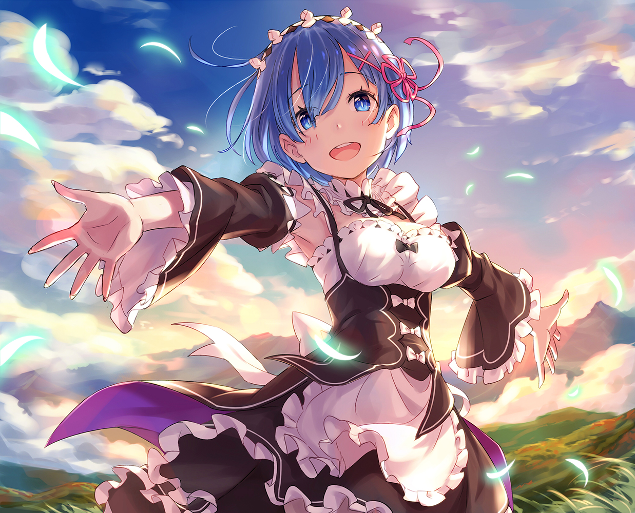 aqua_eyes, aqua_hair, blush, clouds, dress, headdress, kusano_shinta, maid, rem_(re:zero), re:zero_kara_hajimeru_isekai_seikatsu, ribbons, short_hair