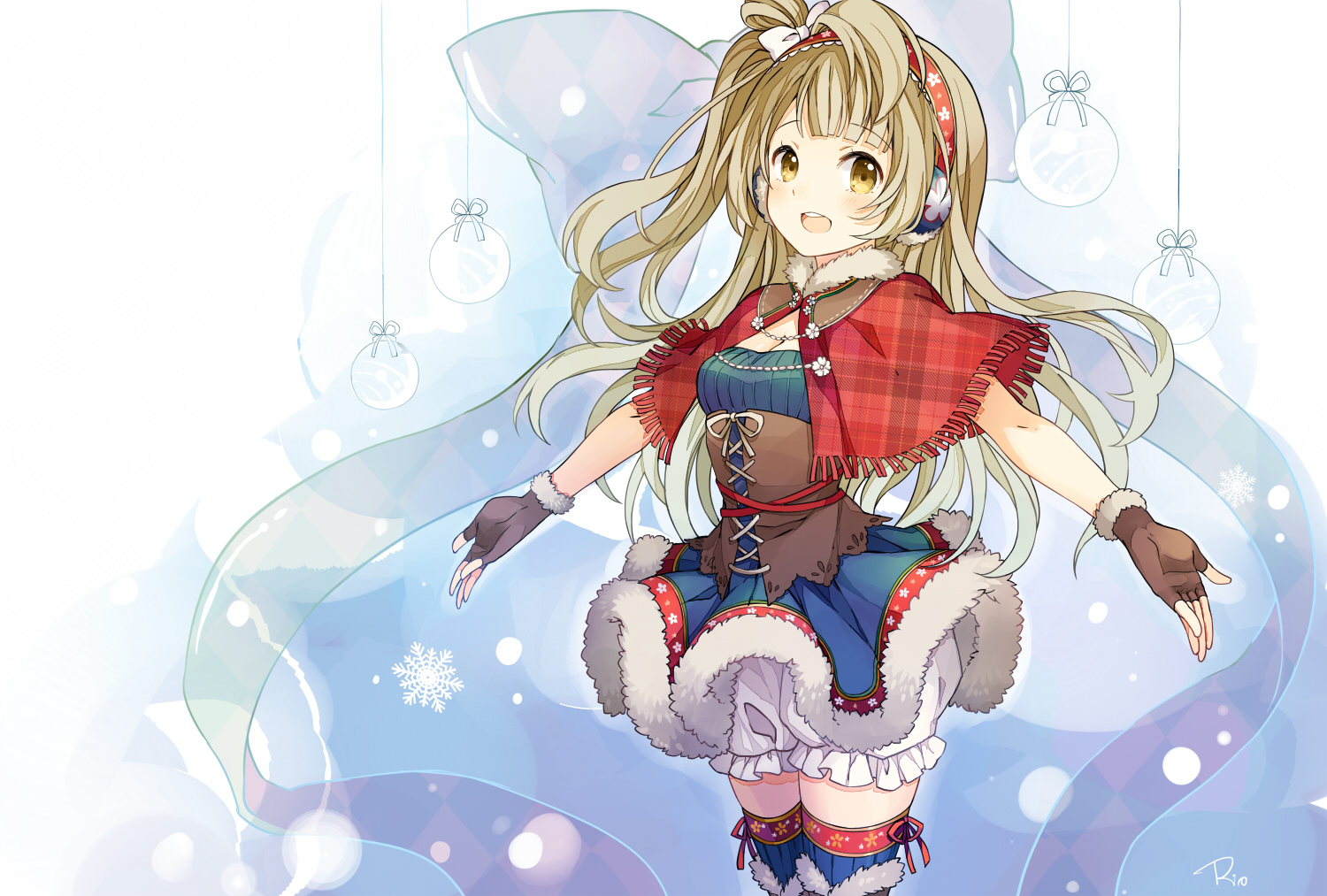 bloomers, bow, breasts, brown_hair, cape, cleavage, corset, dress, earmuffs, gloves, long_hair, love_live!_school_idol_project, minami_kotori, ponytail, ribbons, rio_(9251843), snow, thighhighs, yellow_eyes, zettai_ryouiki