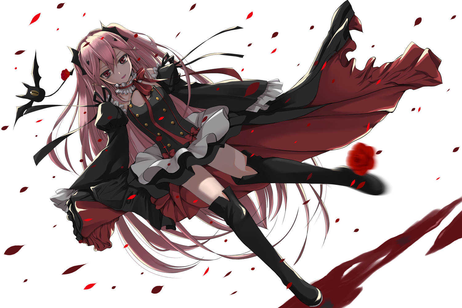 aliasing, animal, arukanu, bat, boots, bow, collar, dress, fang, kero_sweet, krul_tepes, long_hair, owari_no_seraph, petals, pink_hair, red_eyes, ribbons, vampire