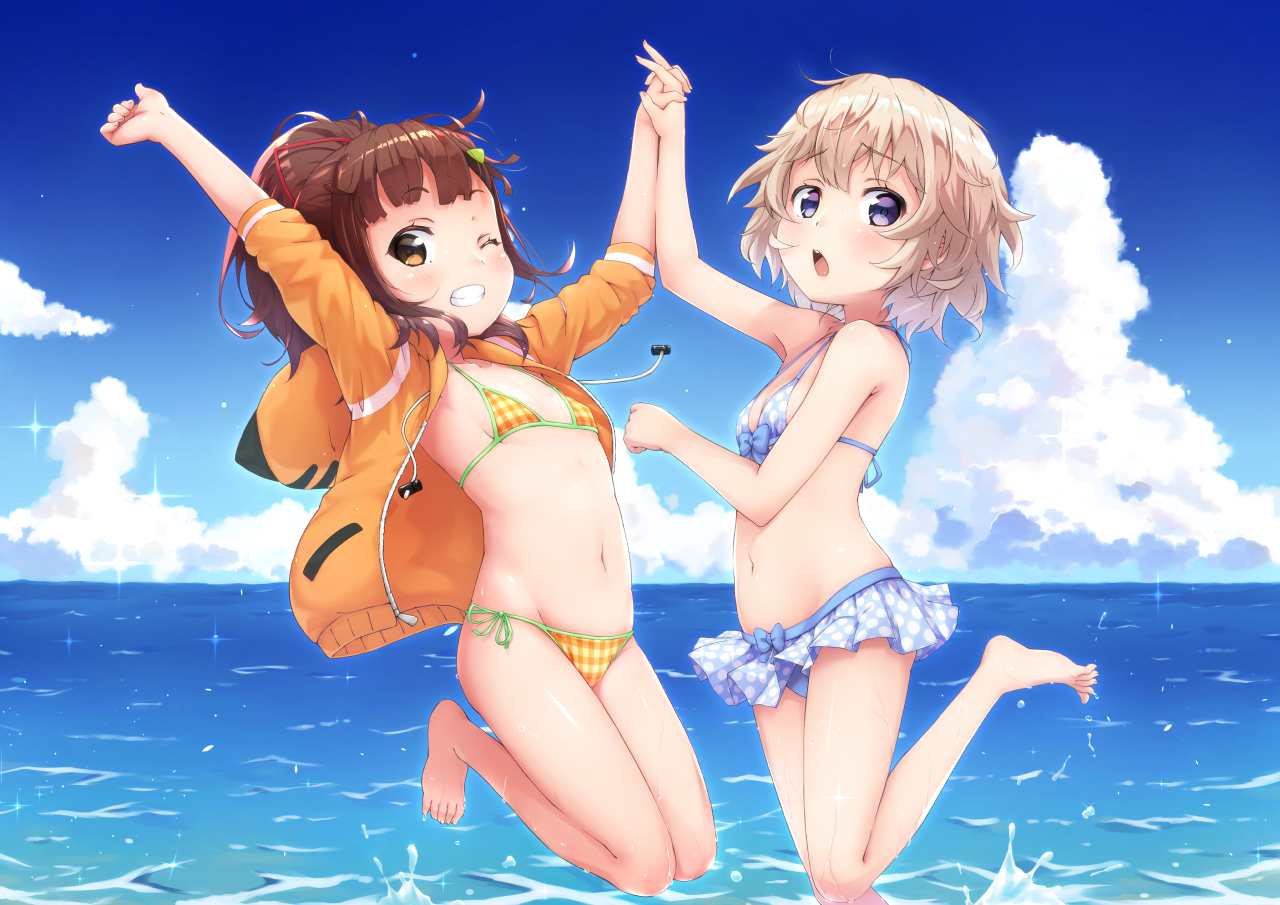 2girls, bikini, blonde_hair, brown_eyes, brown_hair, clouds, flat_chest, high_school_fleet, hood, irizaki_mei, kasehk, loli, long_hair, navel, ponytail, purple_eyes, short_hair, sky, swimsuit, tateishi_shima, water, wink