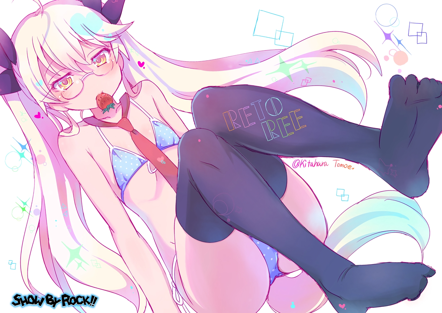 bikini, blonde_hair, blush, doggirl, flat_chest, food, fruit, glasses