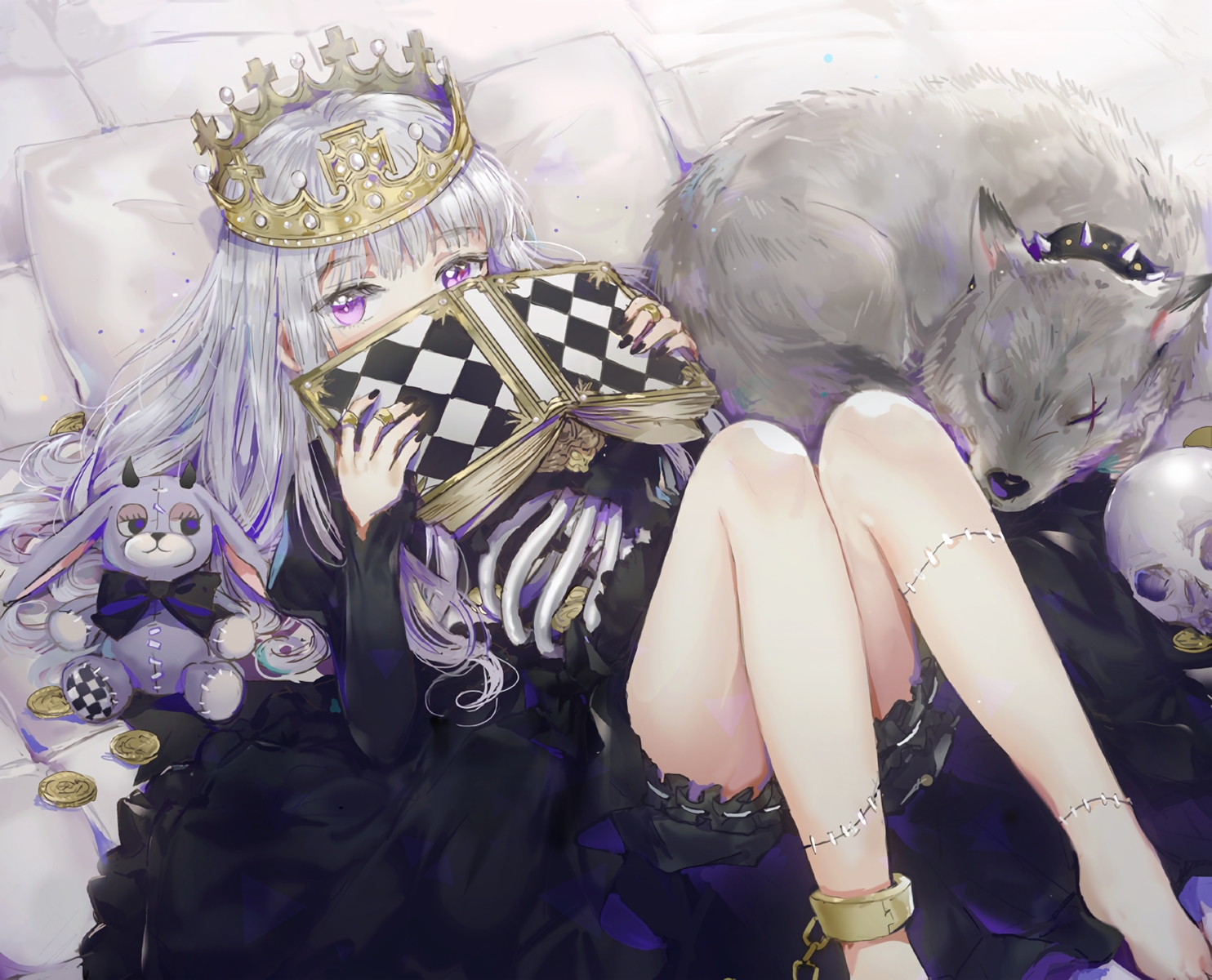 animal, book, bunny, chain, crown, dangmill, dress, gray_hair