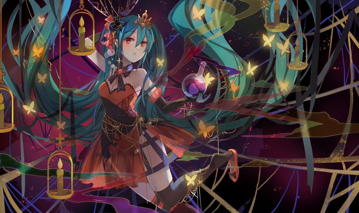 aqua_hair, bow, breasts, butterfly, cleavage, cross, elbow_gloves, gloves, halloween, hatsune_miku, jpeg_artifacts, long_hair, mao_xiaozha_(rumiechen), orange_eyes, thighhighs, tiara, twintails, vocaloid