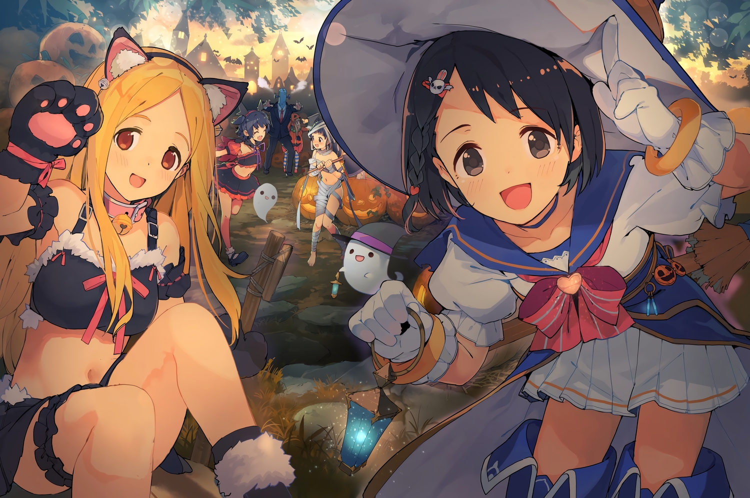 akagi_miria, animal_ears, bandage, bell, black_eyes, black_hair, blonde_hair, blush, catgirl, collar, fukuyama_mai, futaba_anzu, gloves, halloween, idolmaster, idolmaster_cinderella_girls, loli, long_hair, male, mochizuki_hijiri, orange_eyes, producer_(idolmaster), pumpkin, sasaki_chie, short_hair, skirt, sky, suit, teiryoku_lolita, thighhighs, tie