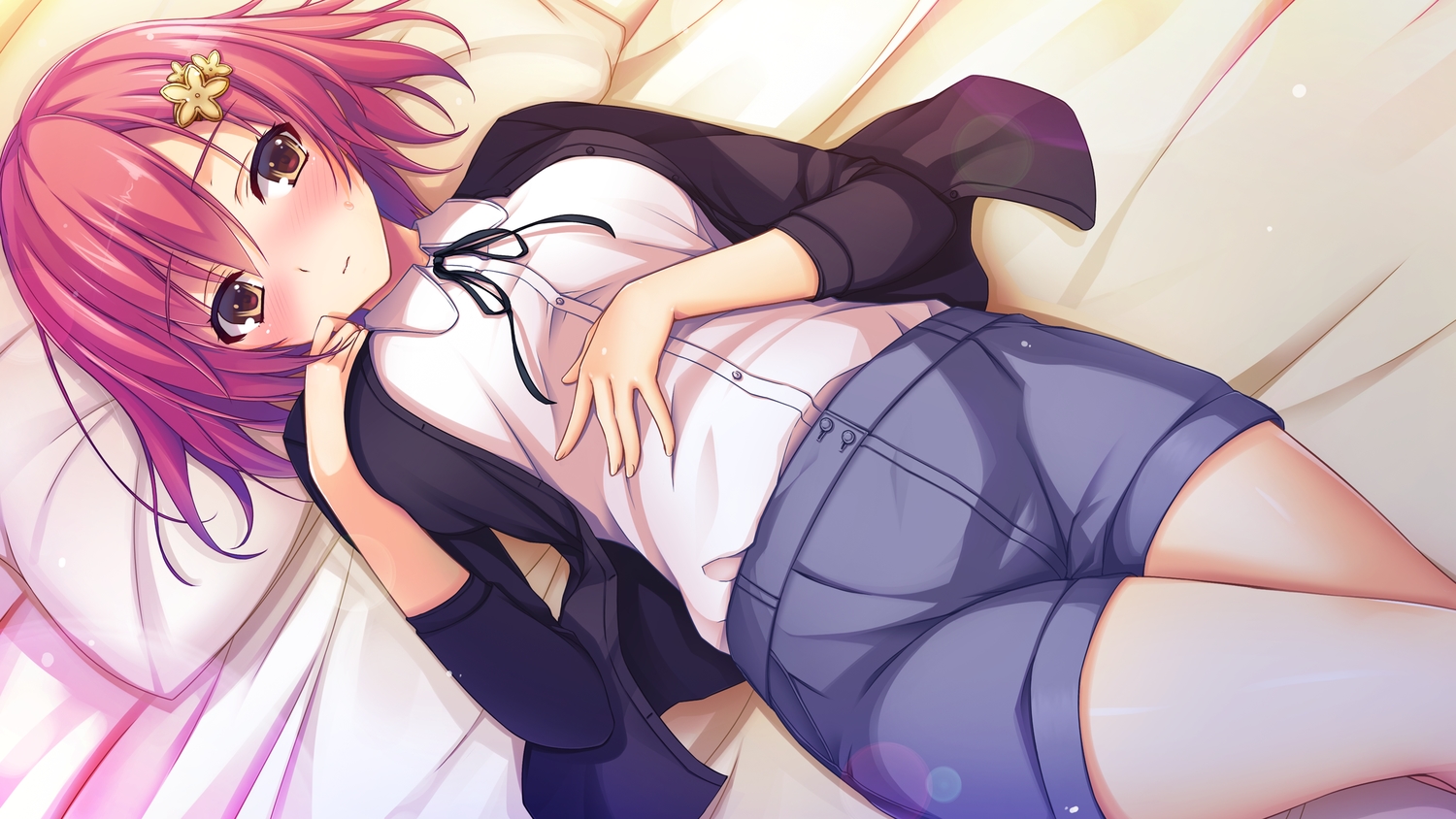 blush, brown_eyes, game_cg, katagiri_aika, red_hair, reminiscence, ribbons, short_hair