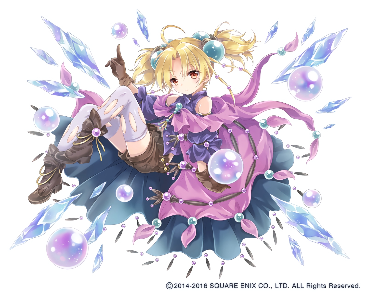 ball, blonde_hair, boots, bubbles, cape, gloves, kaku-san-sei_million_arthur, konayama_kata, loli, mage, red_eyes, shorts, thighhighs, twintails, waifu2x, watermark, white