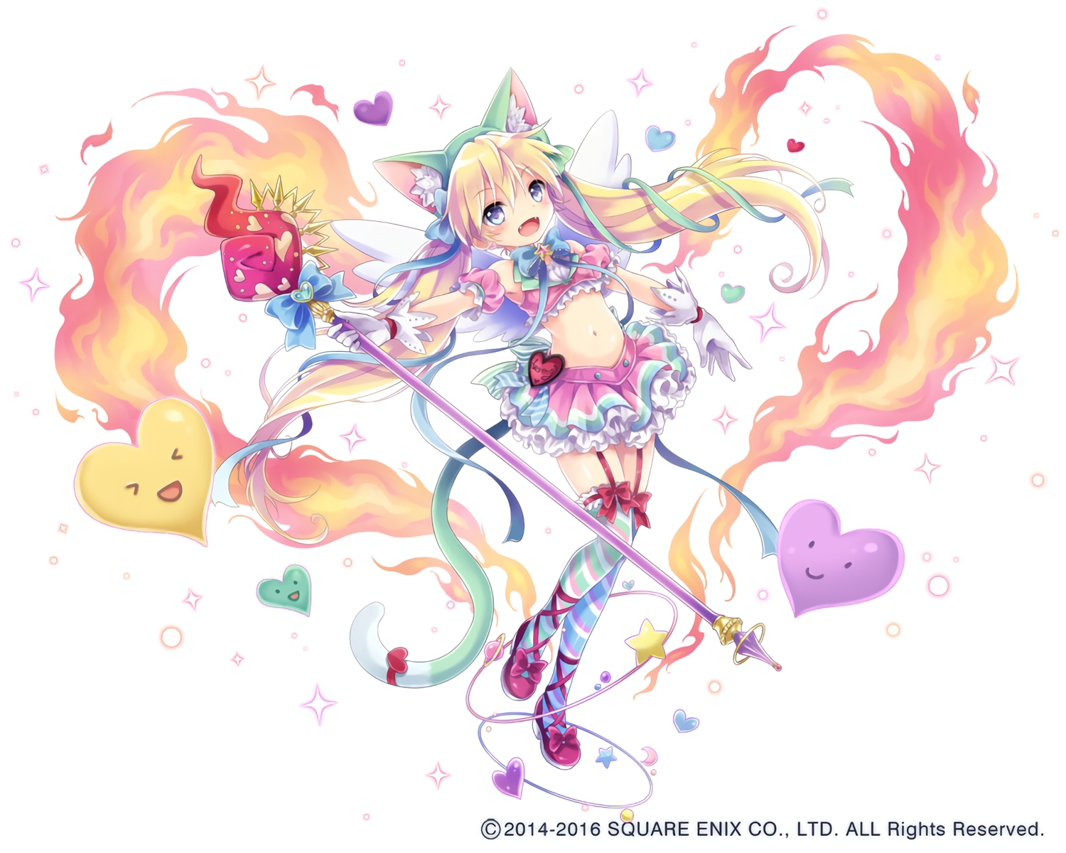 animal_ears, aqua_eyes, blonde_hair, blush, bow, catgirl, fang, fire, garter_belt, gloves, hat, heart, kaku-san-sei_million_arthur, konayama_kata, loli, long_hair, mage, magic, navel, ribbons, skirt, staff, stockings, tail, thighhighs, waifu2x, watermark, wings