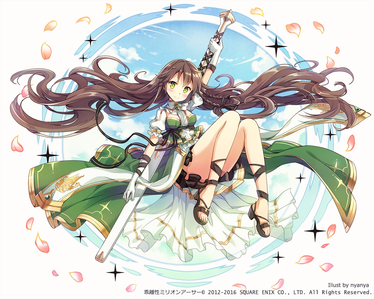 blush, braids, brown_hair, clouds, collar, green_eyes, kaku-san-sei_million_arthur, long_hair, nyanya, petals, ribbons, skirt, sky, sword, watermark, weapon