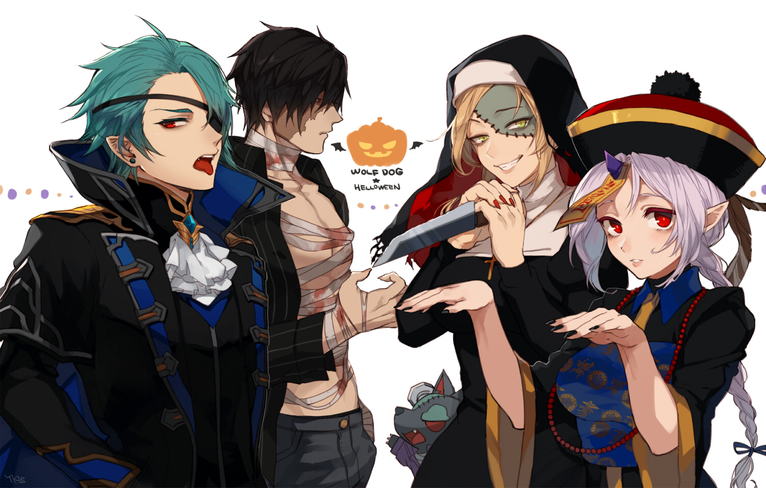 aqua_hair, bandage, black_hair, blood, braids, chinese_clothes, closers, cosplay, cross, eyepatch, fang, green_eyes, group, halloween, harpy_(closers), hat, headdress, horns, knife, levia_(closers), male, nata_(closers), necklace, nun, pointed_ears, ponytail, red_eyes, scar, short_hair, signed, trainer_(closers), vampire, weapon, white_hair, yukibi