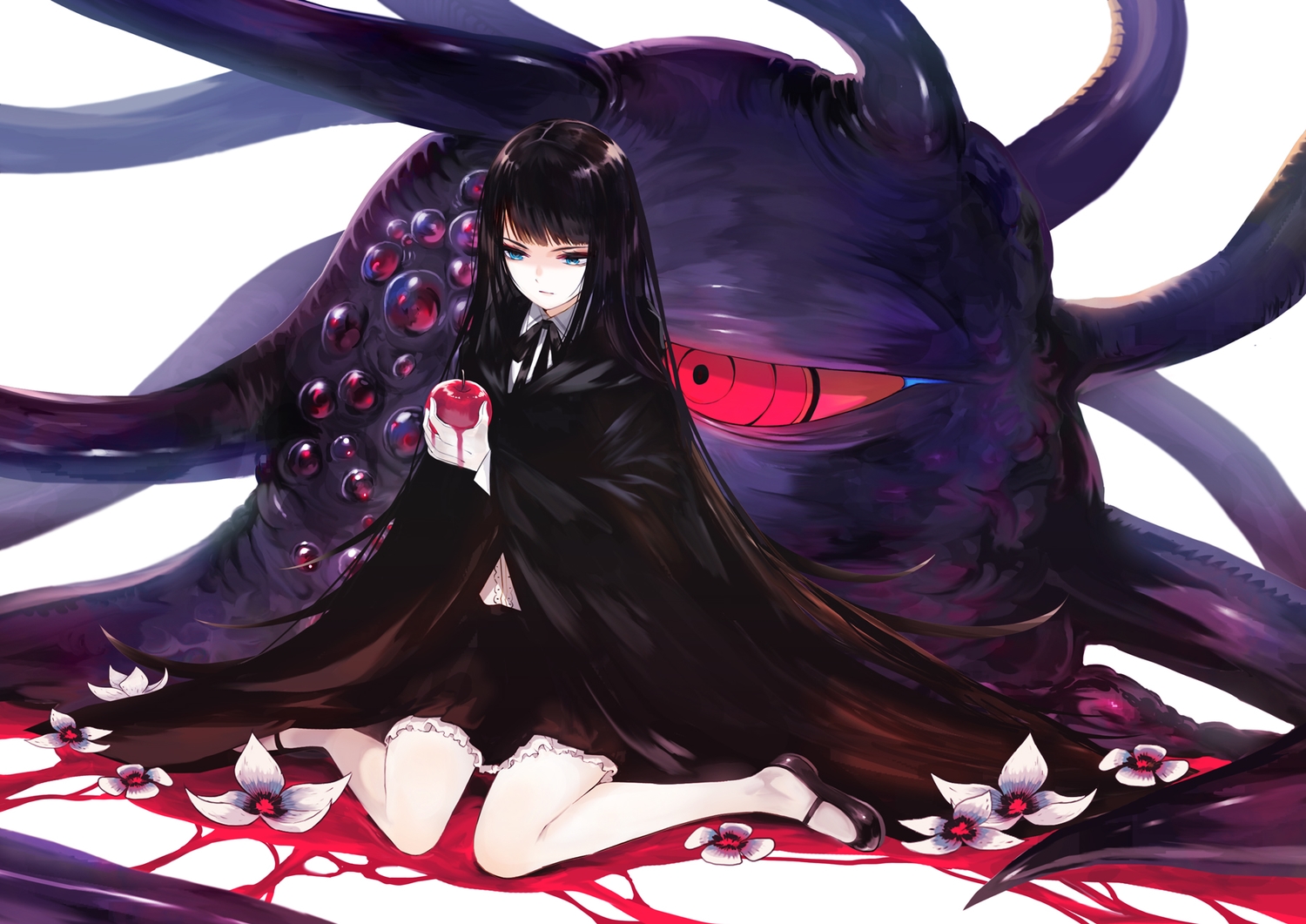 apple, aqua_eyes, black_hair, blood, cape, flowers, food, fruit