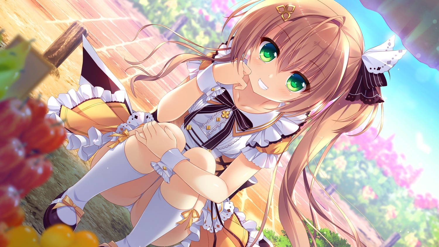 ameto_yuki, ass, blush, bow, brown_hair, dress, game_cg, green_eyes