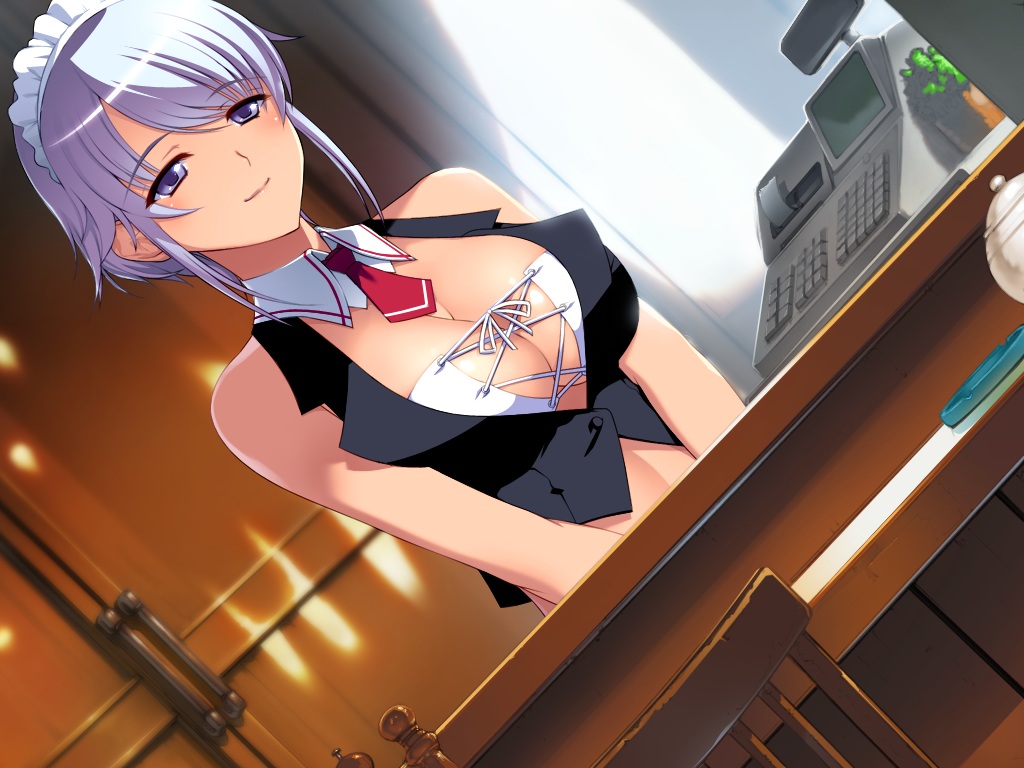 aoshima_rui, berochu, blue_eyes, breasts, cleavage, collar, game_cg, gray_hair, headdress, nakano_sora, short_hair, silkys_plus, tie, waitress