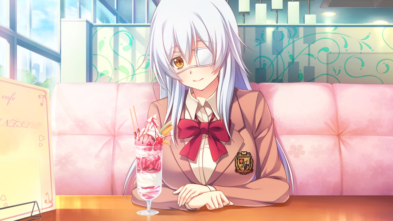 bow, cinematograph, eyepatch, food, game_cg, ice_cream, innocent_bullet, long_hair