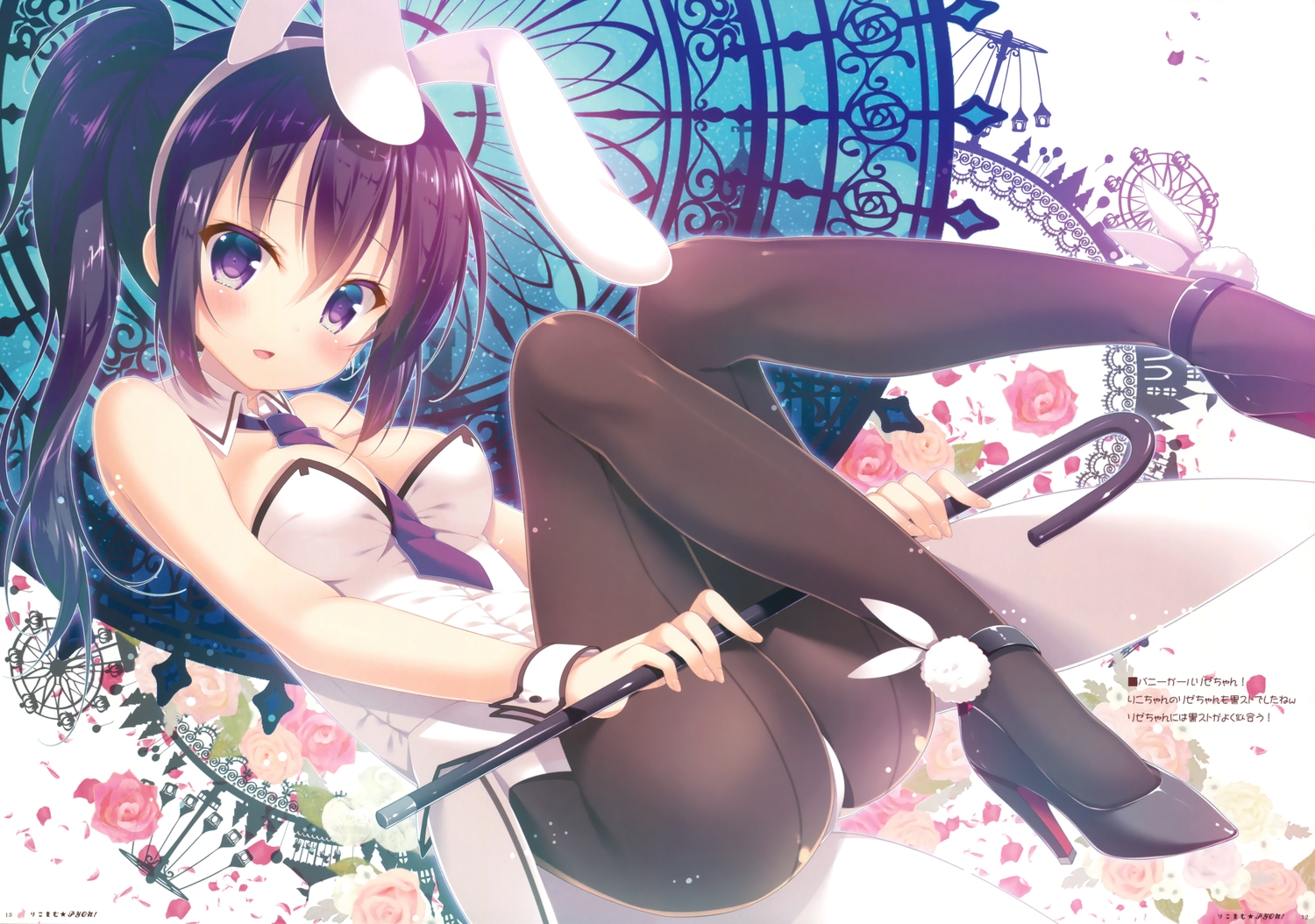 animal_ears, ass, blush, breasts, bunny_ears, bunnygirl, choker, cleavage, flowers, gochuumon_wa_usagi_desu_ka?, long_hair, mitsumomo_mamu, pantyhose, petals, ponytail, purple_eyes, purple_hair, rose, scan, tail, tedeza_rize, tie