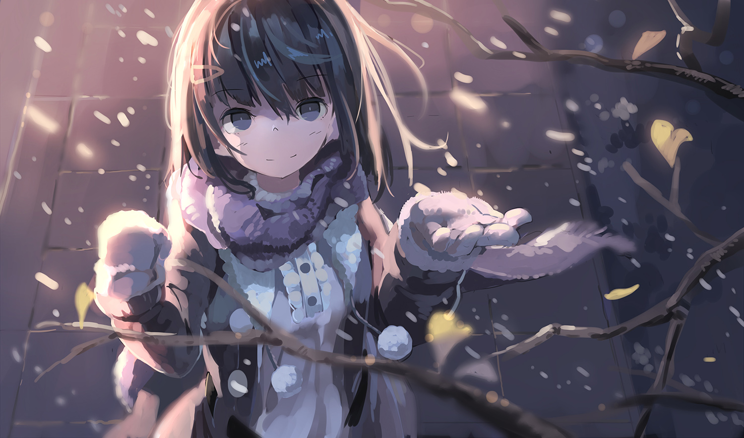 black_hair, gloves, huanxiang_huifeng, original, scarf, short_hair, snow