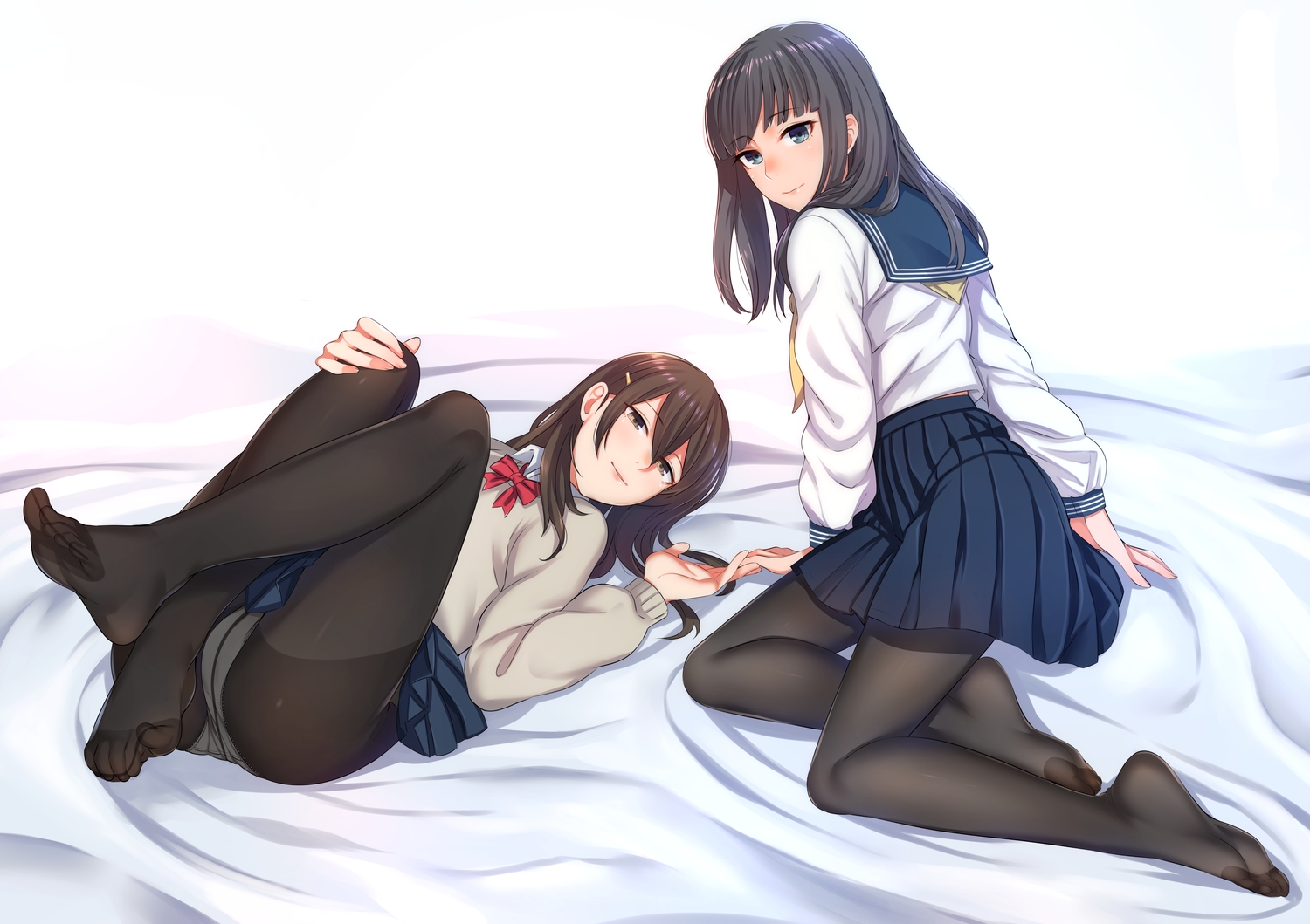2girls, ass, black_hair, blue_eyes, bow, brown_eyes, brown_hair, kyuuso_inukami, long_hair, original, panties, pantyhose, school_uniform, underwear, white
