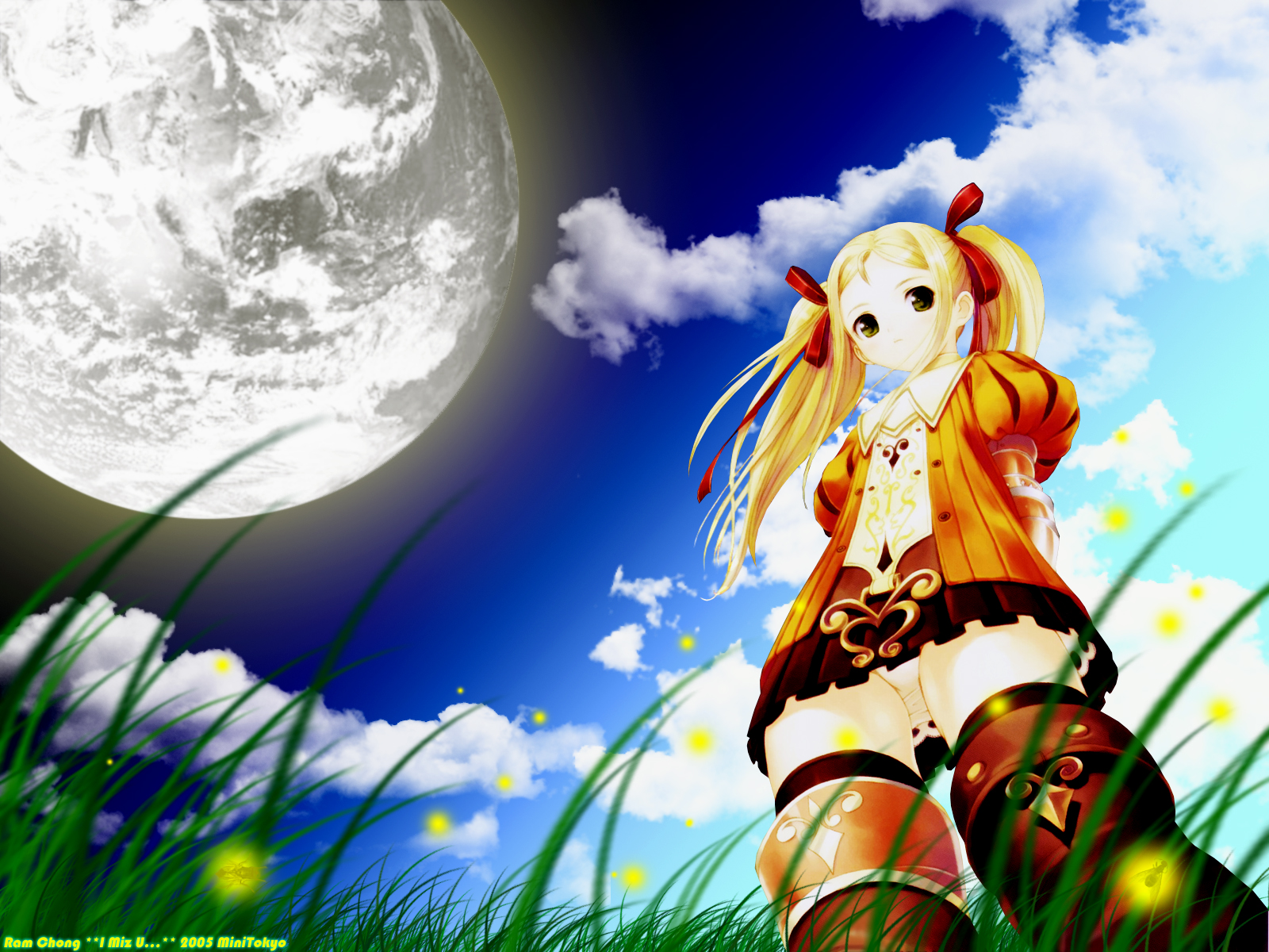 clouds, grass, moon, panties, radiata_stories, ridley_silverlake, ridley_timberlake, skirt