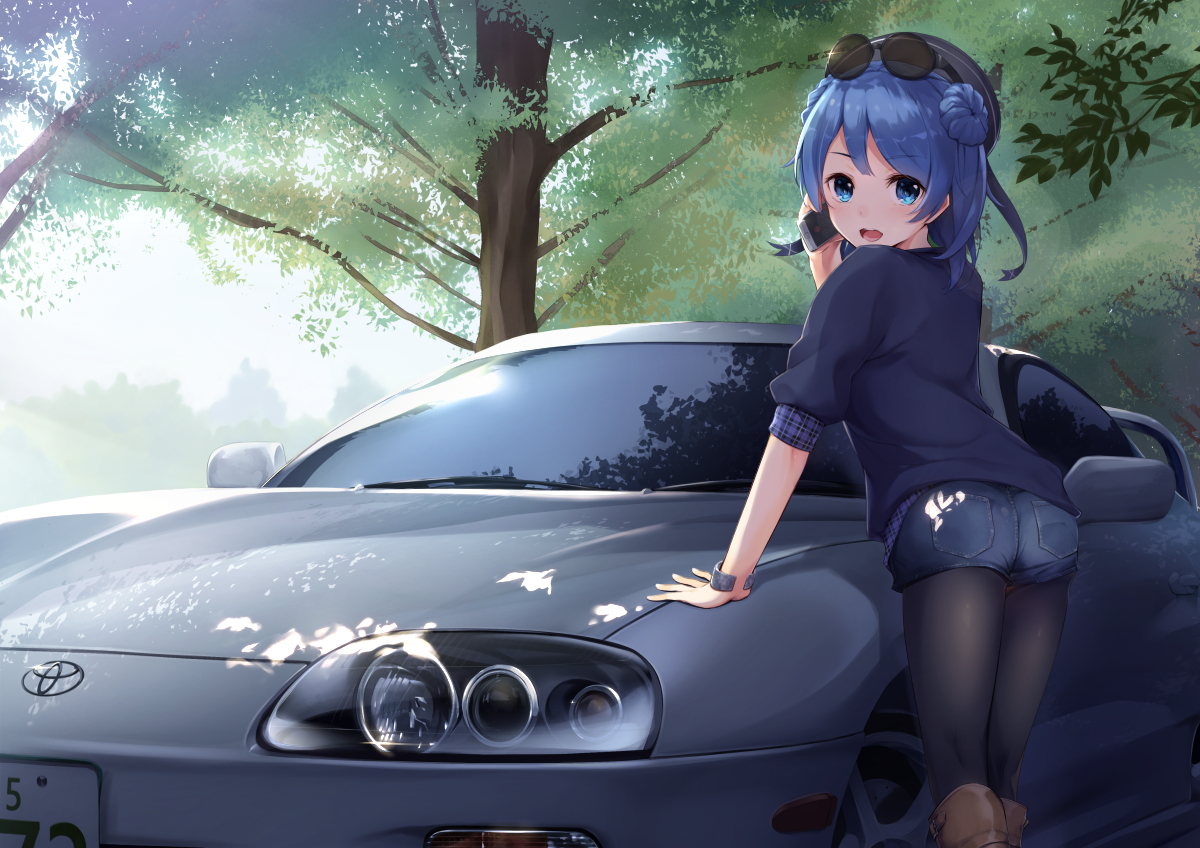 anthropomorphism, ass, blue_eyes, blue_hair, boots, car, gedou_(shigure_seishin), kantai_collection