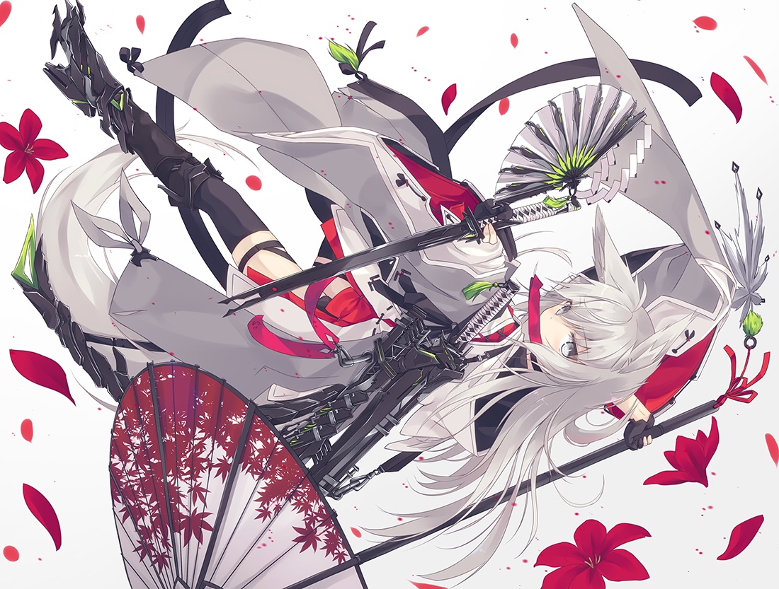 animal_ears, fan, flowers, foxgirl, garter_belt, gloves, gray_eyes, gray_hair