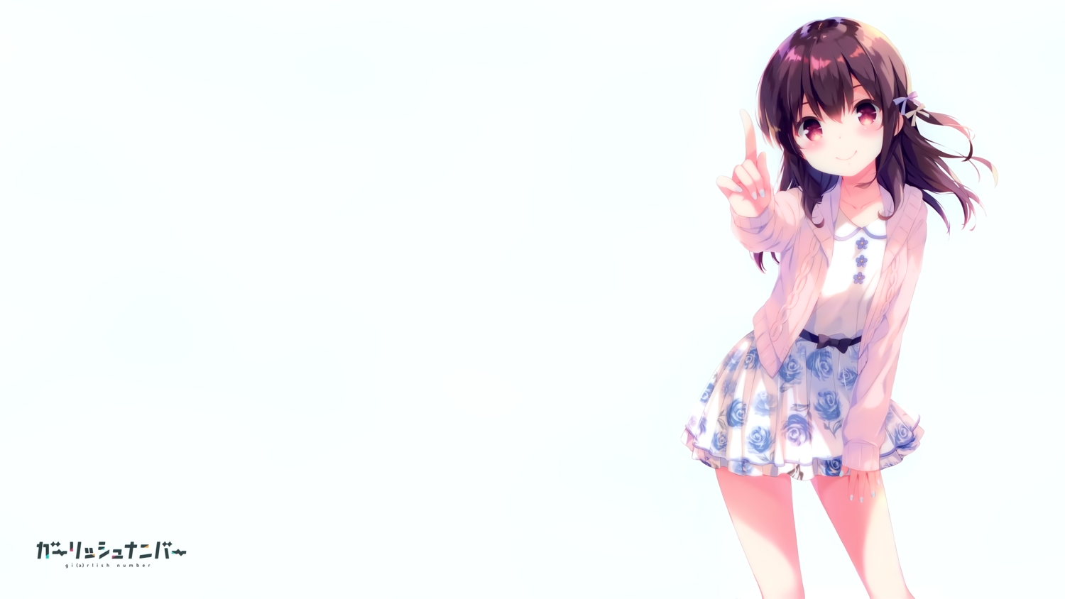 brown_hair, dress, gi(a)rlish_number, karasuma_chitose_(girlish_number), logo, ohara_tometa, red_eyes, scan, third-party_edit, white