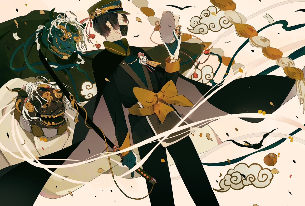 all_male, black_eyes, black_hair, bow, cape, gloves, hat, japanese_clothes