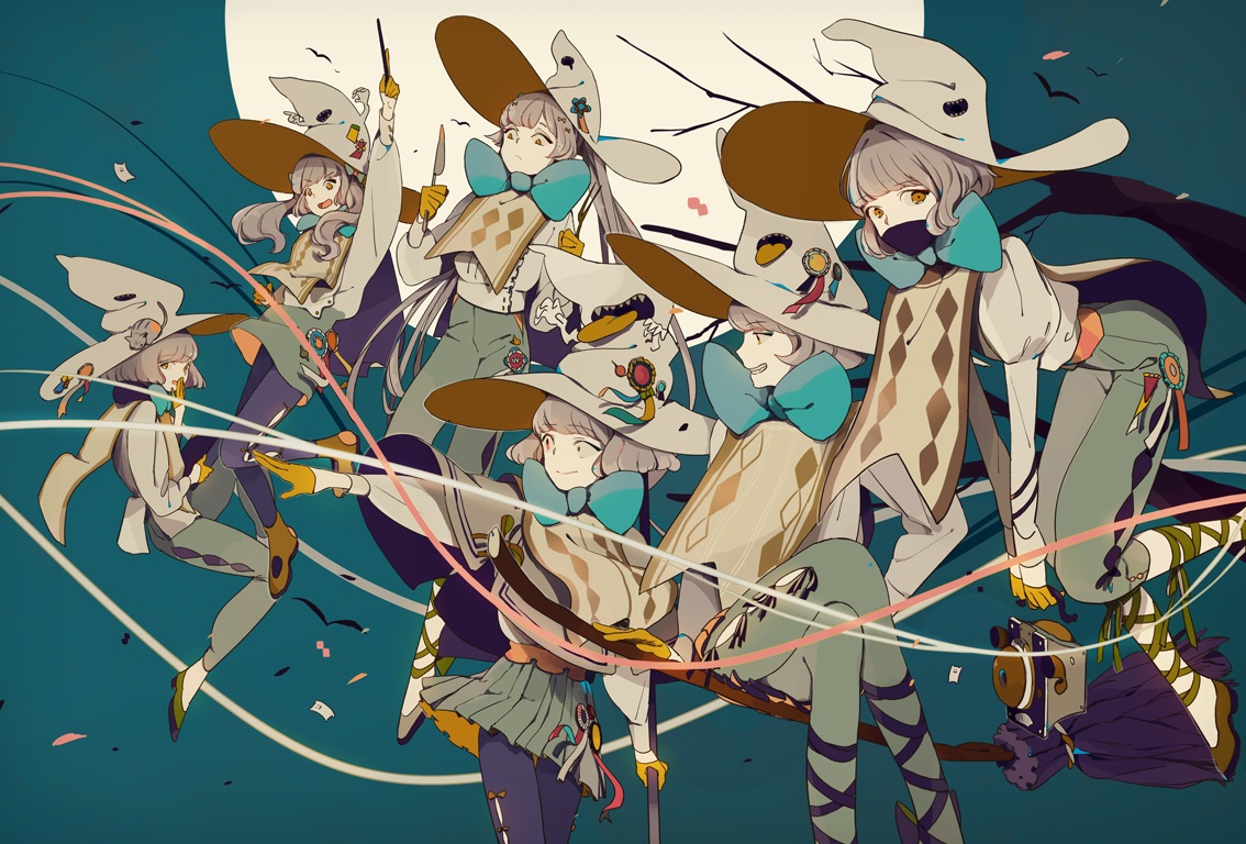 bow, cape, gloves, gray_hair, group, hat, knife, long_hair
