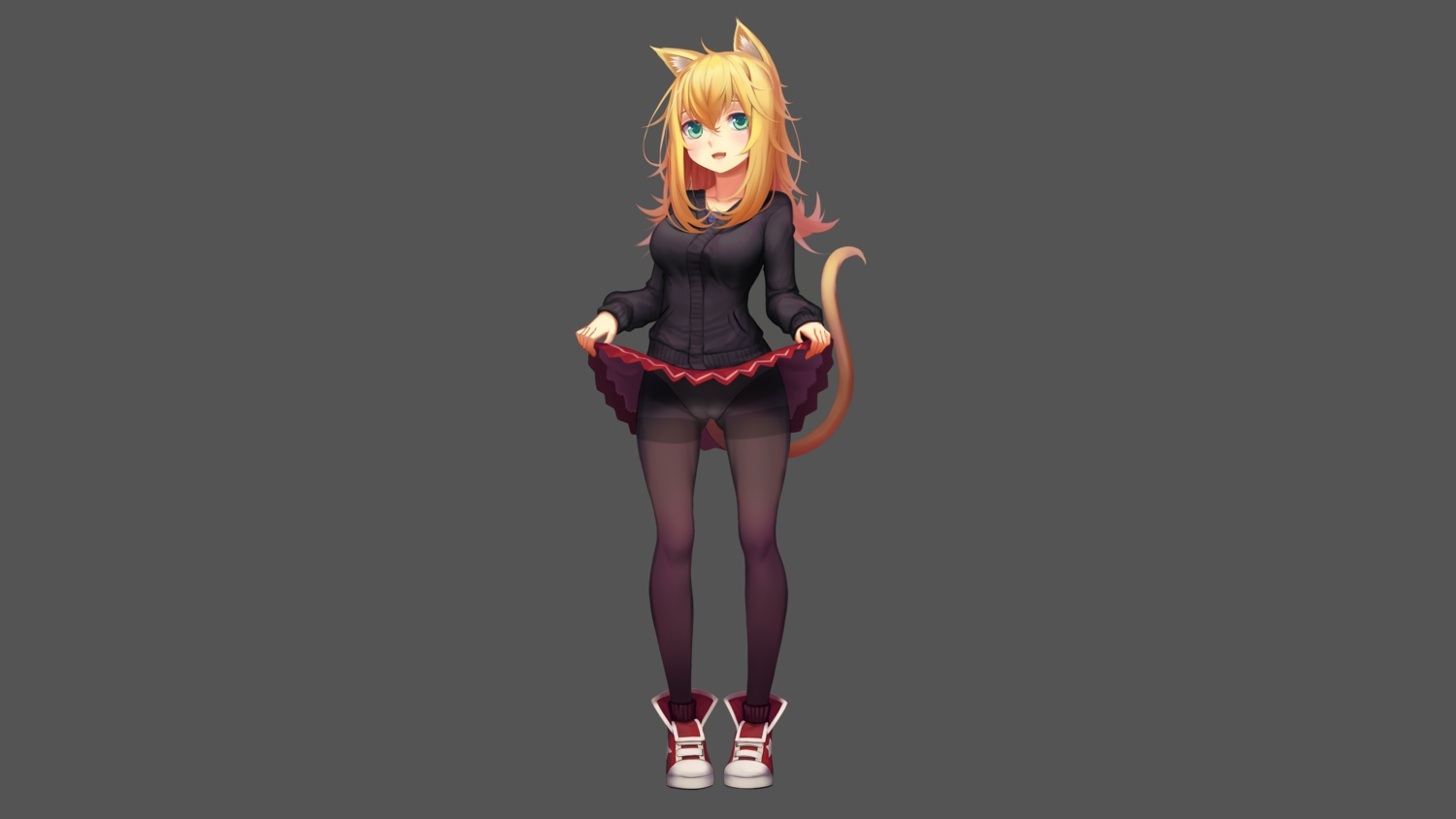 animal_ears, blonde_hair, cameltoe, catgirl, fang, gray, green_eyes, long_hair