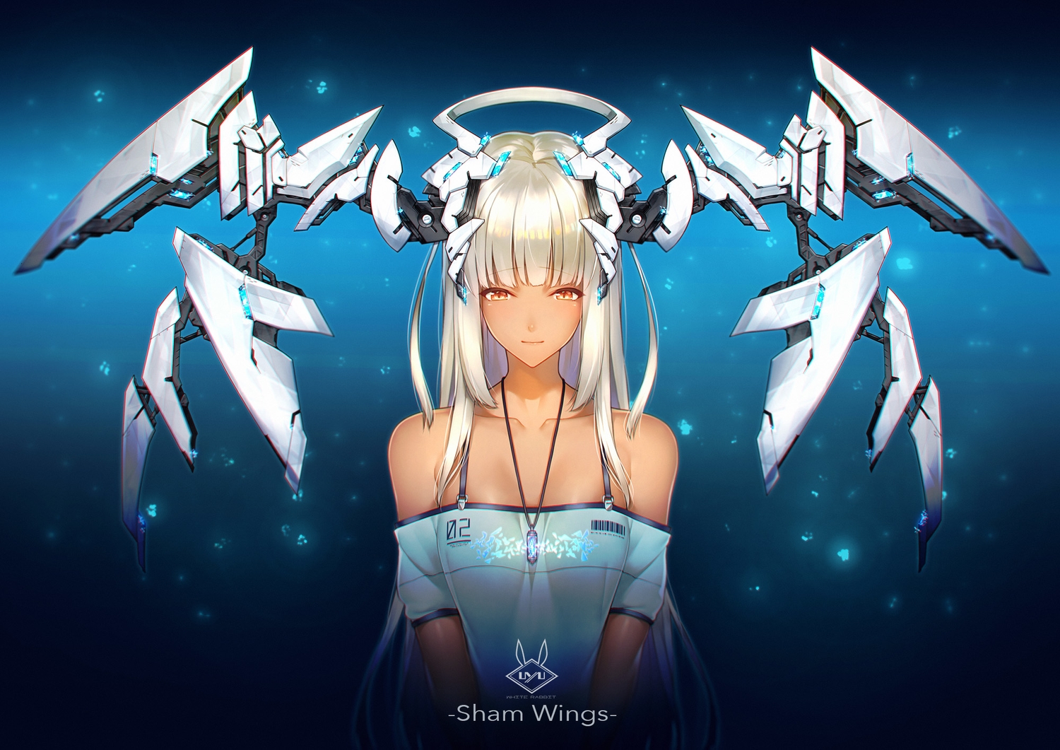 blonde_hair, blue, dark_skin, dress, gradient, headdress, long_hair, mechagirl, necklace, orange_eyes, original, uyu_(keyakinoki)