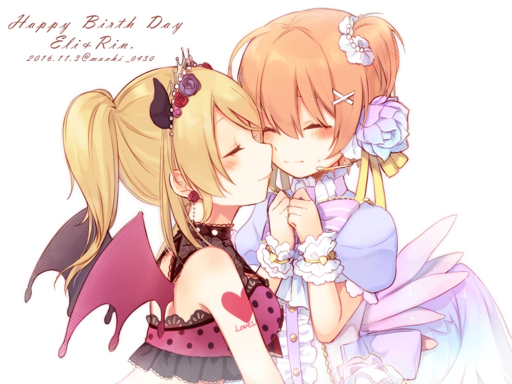2girls, ayase_eri, blonde_hair, blush, horns, hoshizora_rin, lolita_fashion, love_live!_school_idol_project, orange_hair, ponytail, sakuramochi, short_hair, shoujo_ai, tattoo, wings, wristwear
