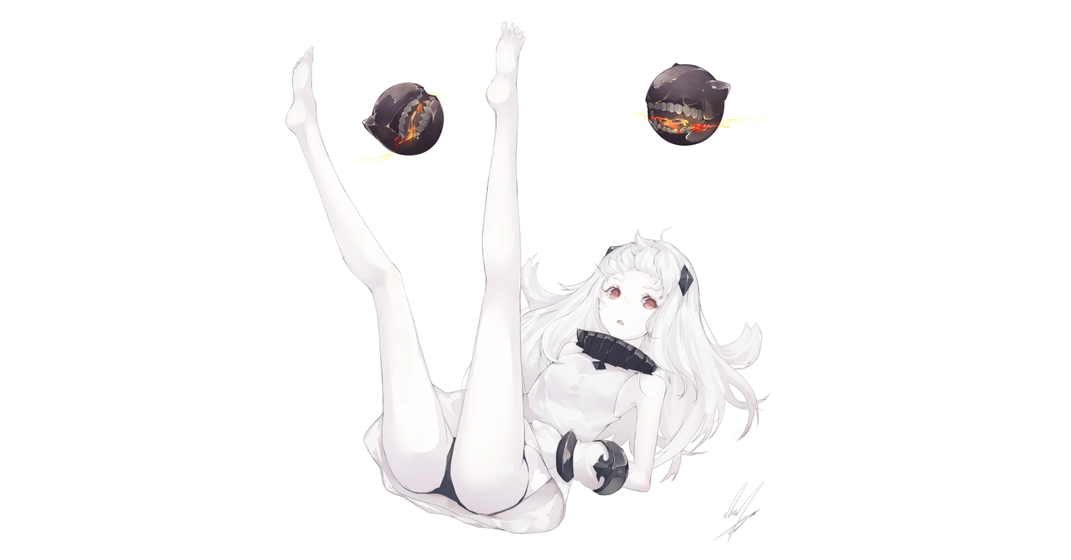 anthropomorphism, barefoot, collar, dress, gloves, kantai_collection, long_hair, marumoru
