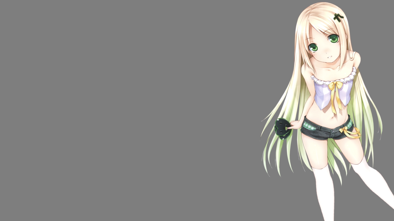 blonde_hair, flat_chest, green_eyes, heart, long_hair, navel, ooji, shorts, thighhighs, transparent, tsukumo-tan