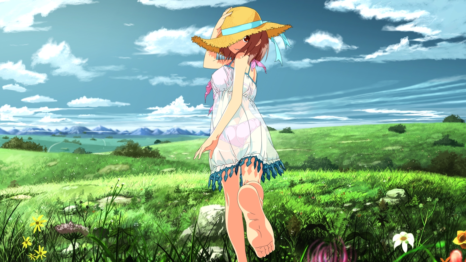 barefoot, bikini, clouds, dress, flowers, grass, green, hataraku_maou-sama!