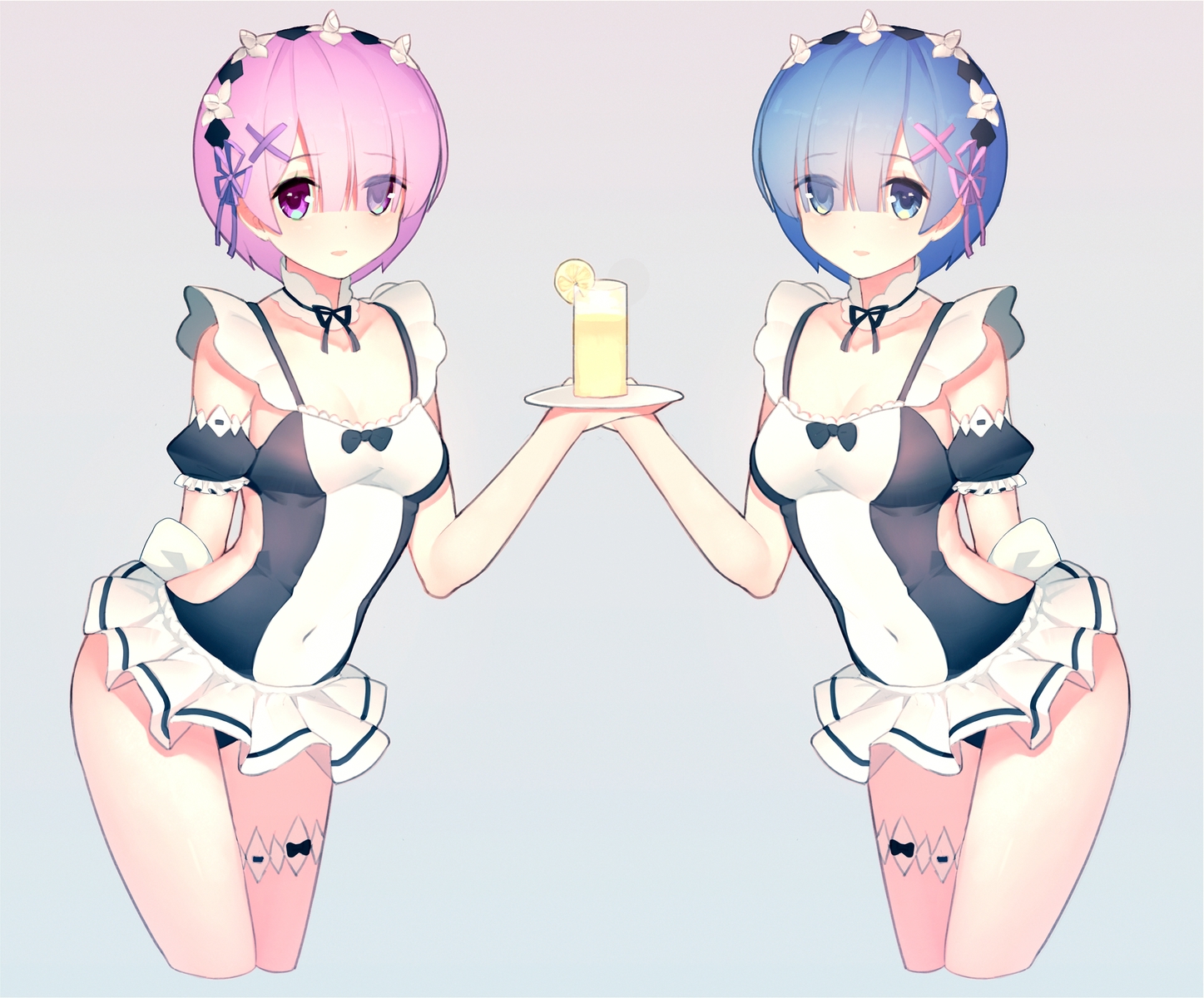 blue_eyes, blue_hair, collar, drink, garter, maid, pink_hair, qiong_sheng, ram_(re:zero), rem_(re:zero), re:zero_kara_hajimeru_isekai_seikatsu, swimsuit, twins