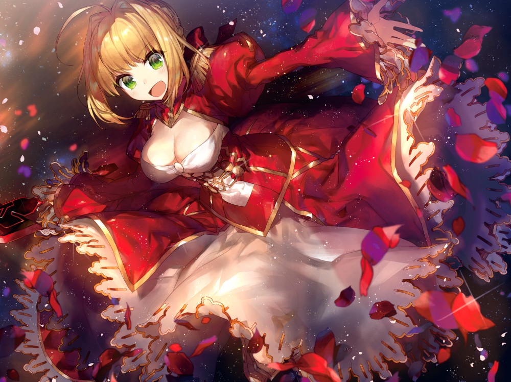 armor, blonde_hair, boots, breasts, chokoan_(tyokoa5659), cleavage, dress, fate/extra