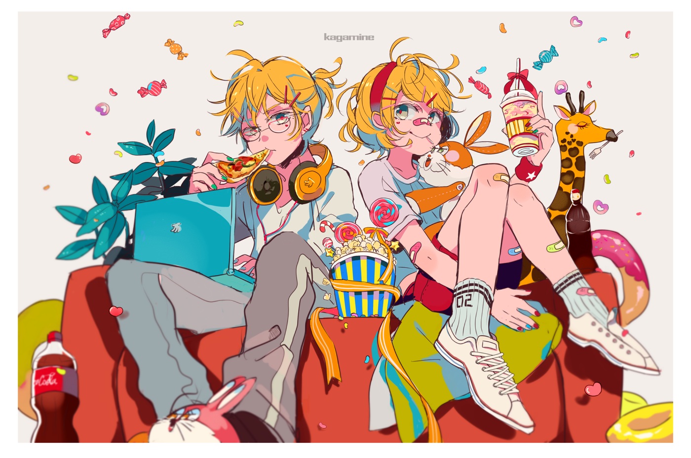 bandaid, blonde_hair, bunny, candy, coca_cola, computer, drink, food