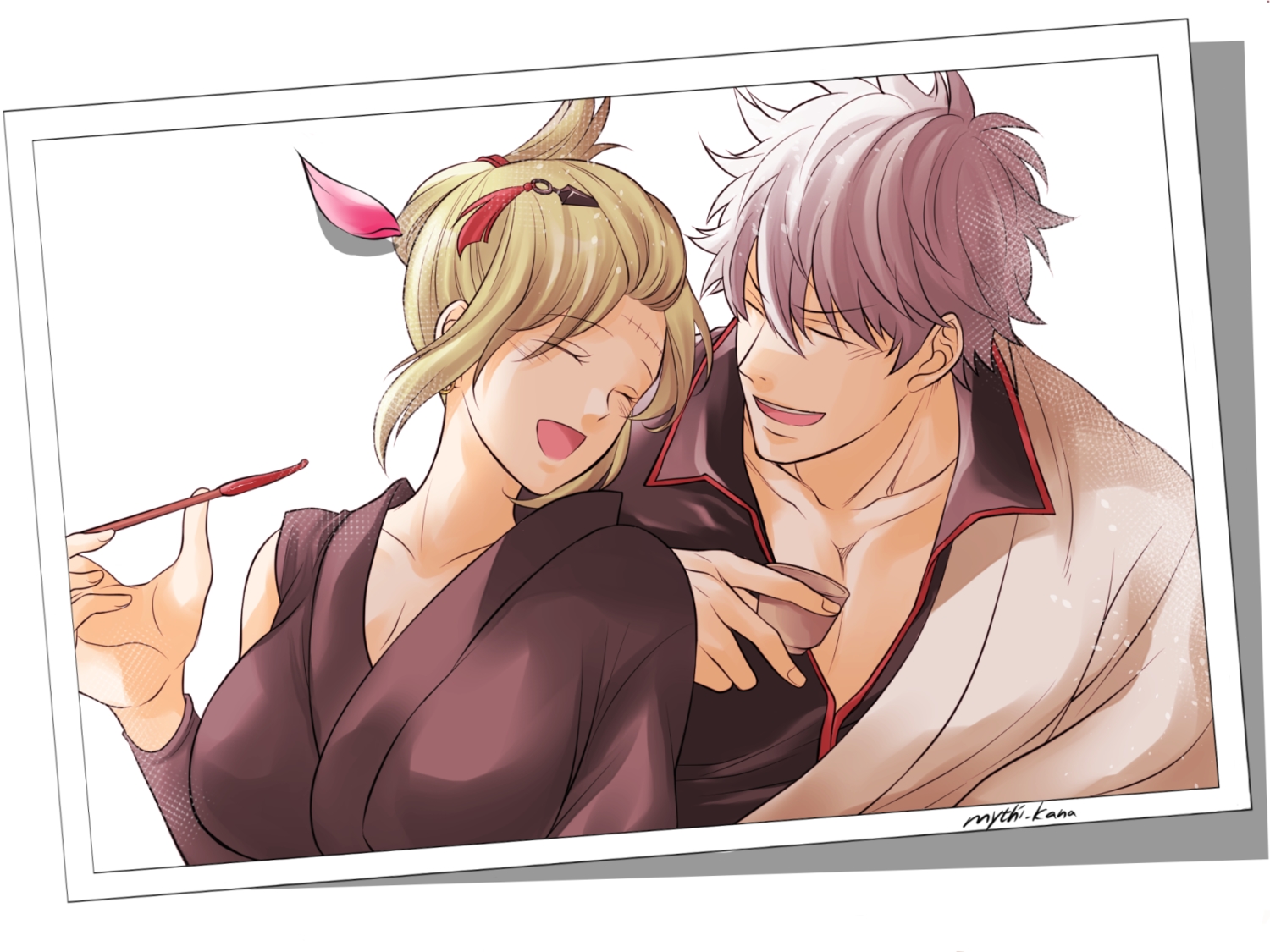 blonde_hair, breasts, cleavage, drink, gintama, gray_hair, japanese_clothes, male, mythi_kana, petals, sakata_gintoki, scar, short_hair, signed, tsukuyo_(gintama)