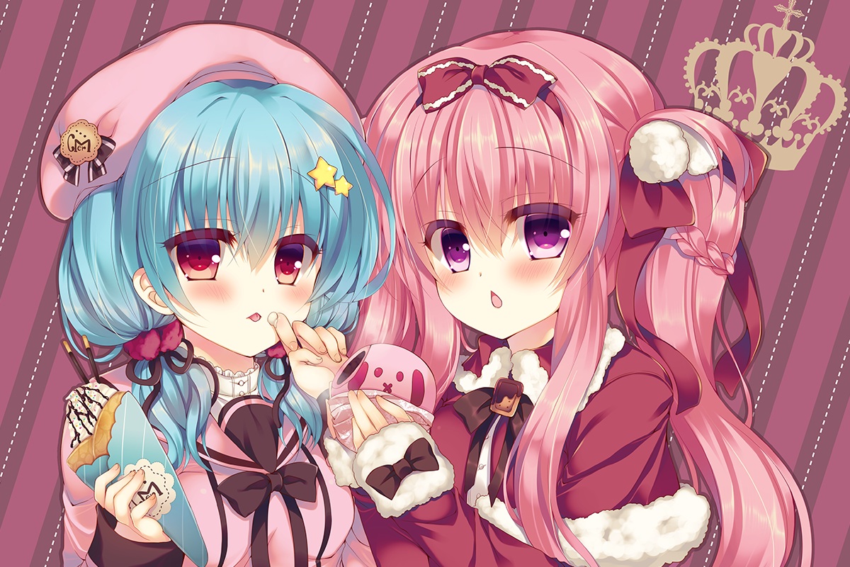 2girls, aqua_hair, blush, bow, cape, food, hat, headband, lilia_chocolanne, lolita_fashion, mel_clair, original, pink_hair, purple_eyes, red_eyes, ribbons, suzunone_rena, twintails