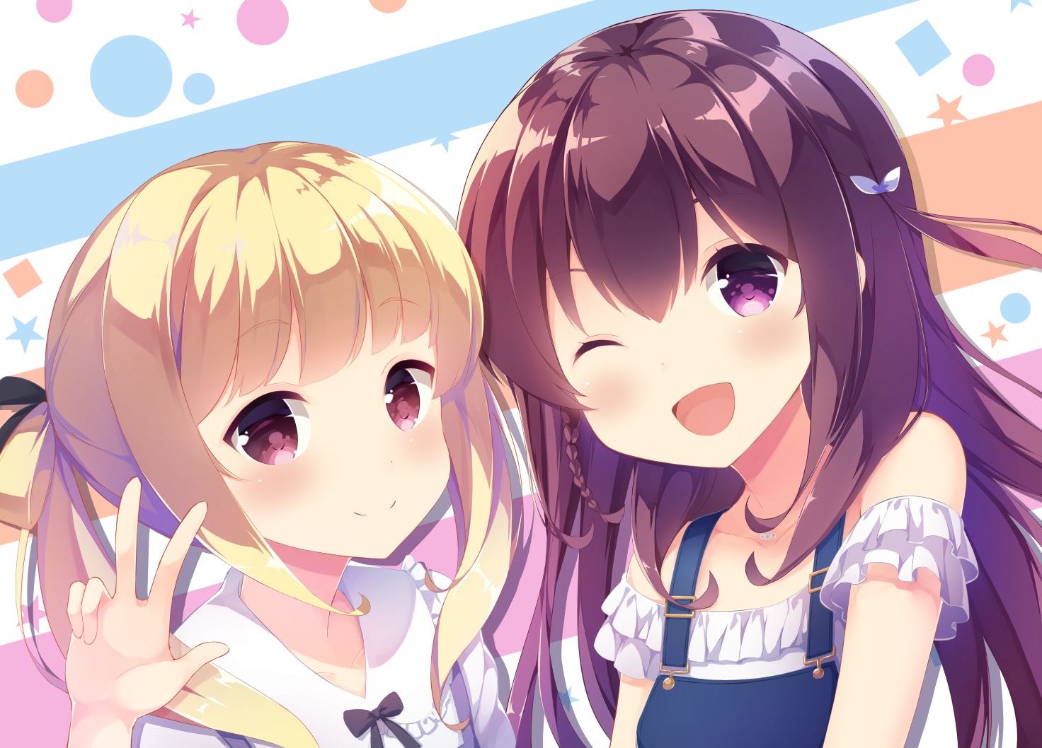 2girls, aliasing, blonde_hair, blush, braids, brown_hair, close, .com