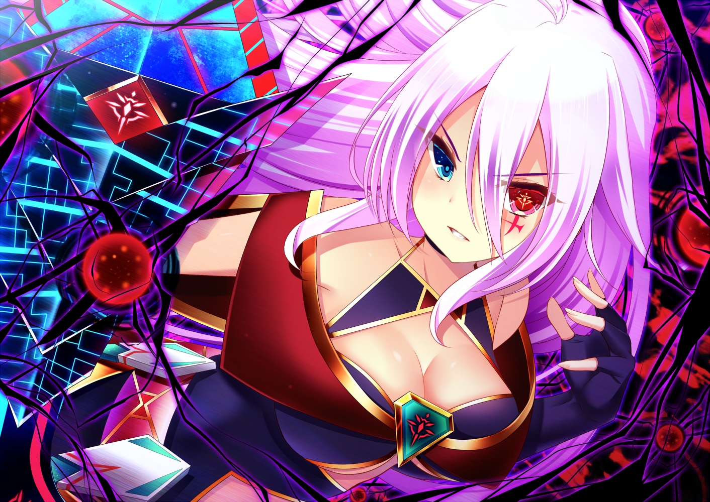 akine_(kuroyuri), aliasing, bicolored_eyes, breasts, cleavage, elbow_gloves, gloves, long_hair