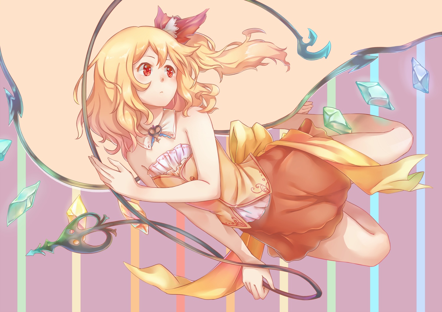 barefoot, blonde_hair, bow, collar, flandre_scarlet, ponytail, red_eyes, short_hair, spear, suo_niao, touhou, vampire, weapon, wings