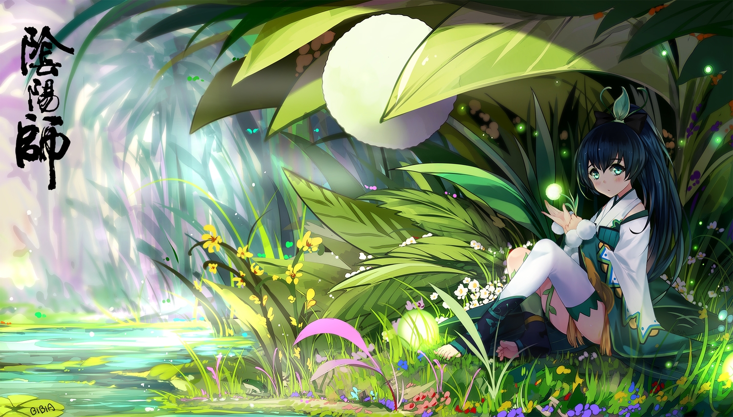 animal, bba_biao, black_hair, blush, flowers, frog, grass, green